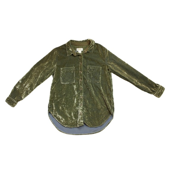 Maeve Tops - Anthropologie Maeve Green Karina Crushed Velvet Button Down Shirt Moss Petite 0P